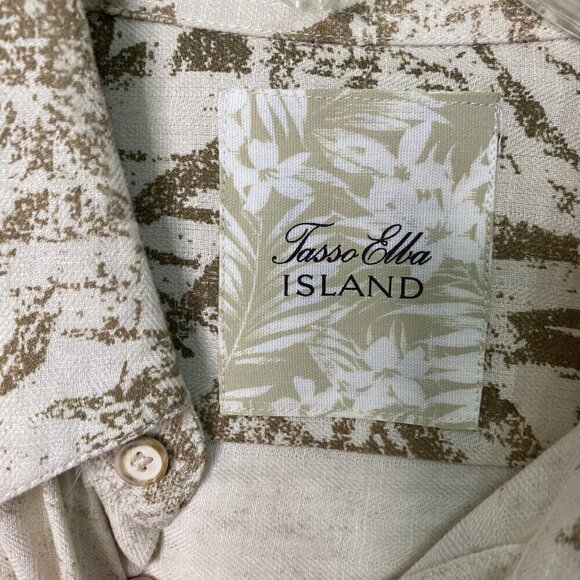 Tasso Elba Shirt Men's Size Large Silk Linen Blend Tropical Hawaiian Brown Beige - Picture 3 of 5